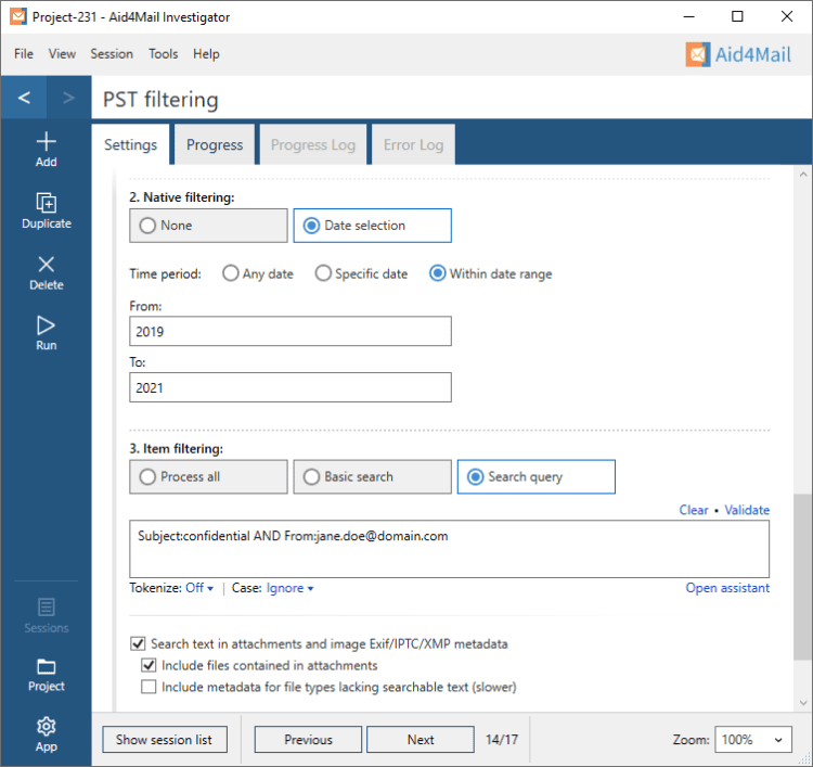 screenshot of Aid4Mail Investigator